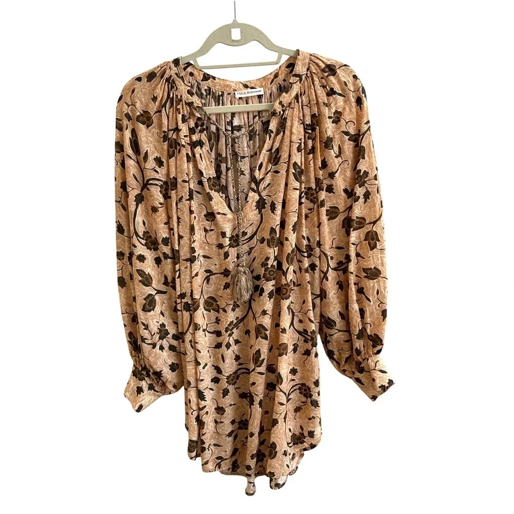 Ulla Johnson Blouse Womens‎ Small Peach Brown Floral Boho Tassel Split Neck